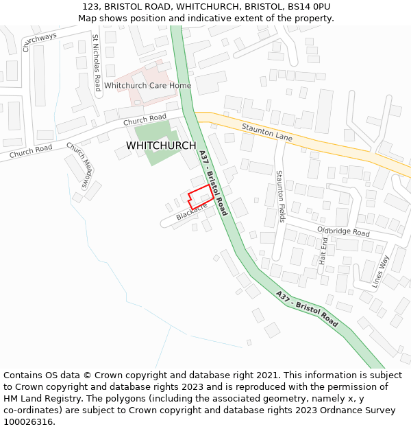123, BRISTOL ROAD, WHITCHURCH, BRISTOL, BS14 0PU: Location map and indicative extent of plot