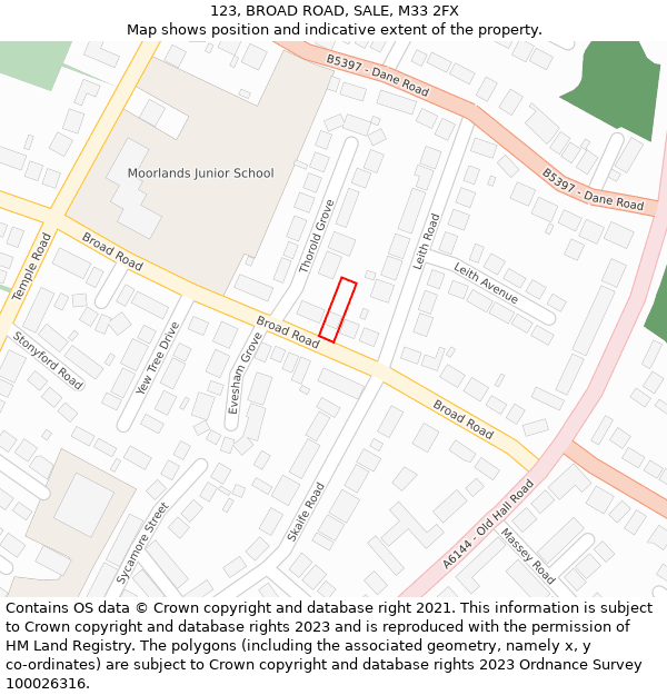 123, BROAD ROAD, SALE, M33 2FX: Location map and indicative extent of plot