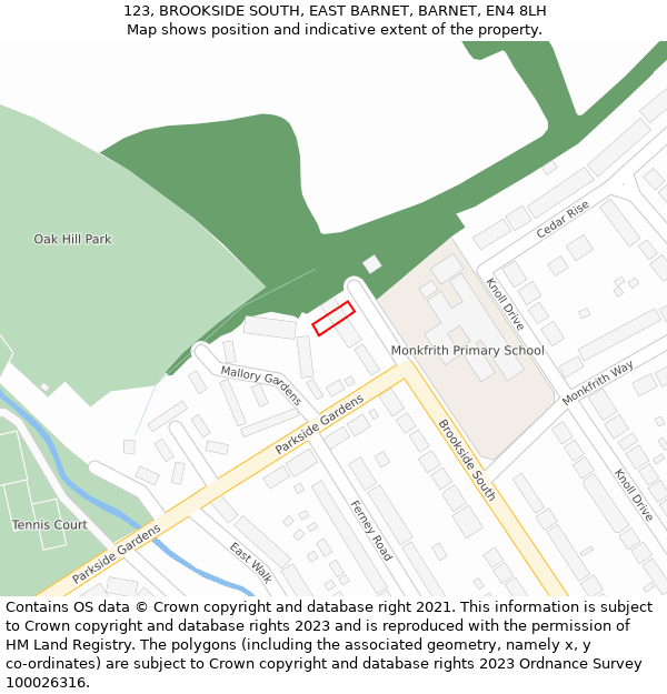 123, BROOKSIDE SOUTH, EAST BARNET, BARNET, EN4 8LH: Location map and indicative extent of plot