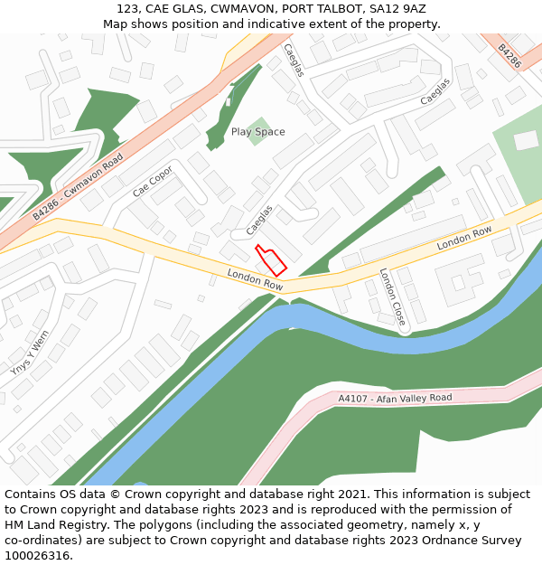 123, CAE GLAS, CWMAVON, PORT TALBOT, SA12 9AZ: Location map and indicative extent of plot