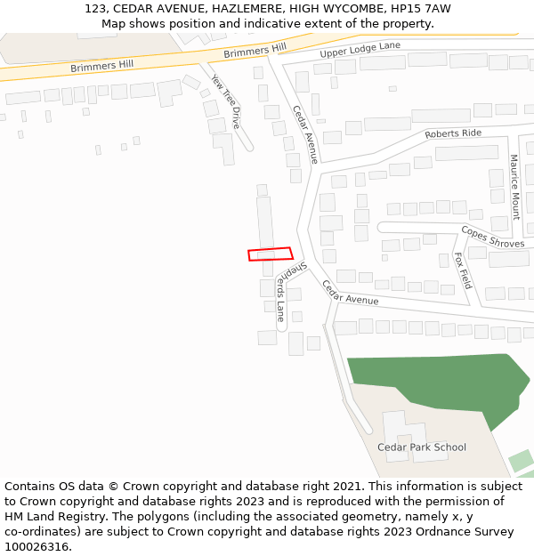123, CEDAR AVENUE, HAZLEMERE, HIGH WYCOMBE, HP15 7AW: Location map and indicative extent of plot