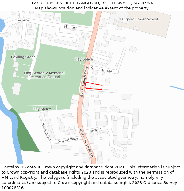 123, CHURCH STREET, LANGFORD, BIGGLESWADE, SG18 9NX: Location map and indicative extent of plot