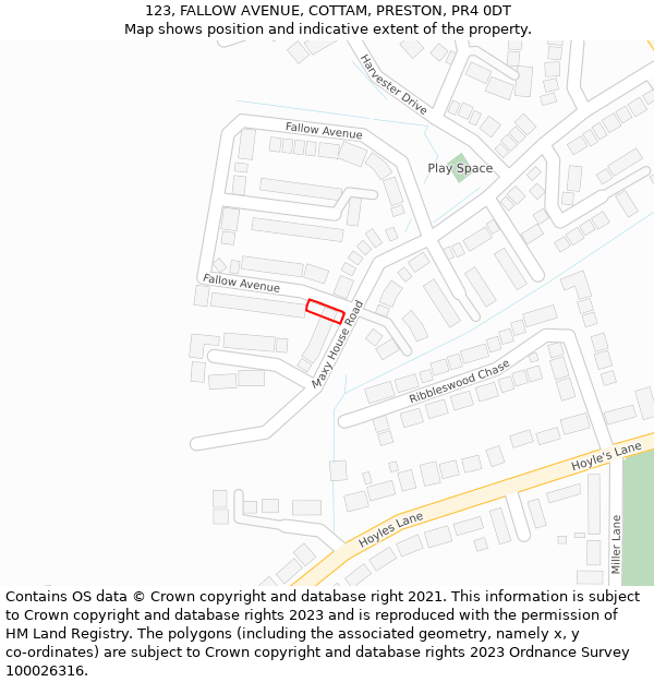 123, FALLOW AVENUE, COTTAM, PRESTON, PR4 0DT: Location map and indicative extent of plot