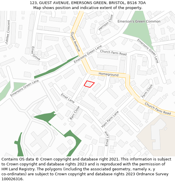 123, GUEST AVENUE, EMERSONS GREEN, BRISTOL, BS16 7DA: Location map and indicative extent of plot