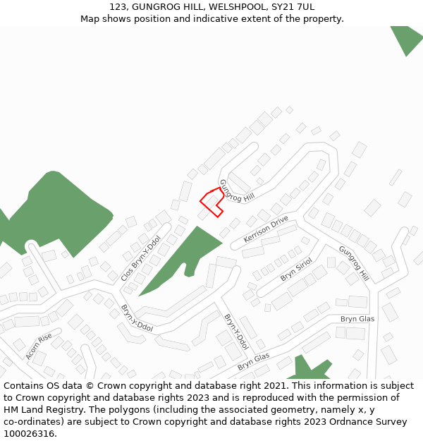 123, GUNGROG HILL, WELSHPOOL, SY21 7UL: Location map and indicative extent of plot