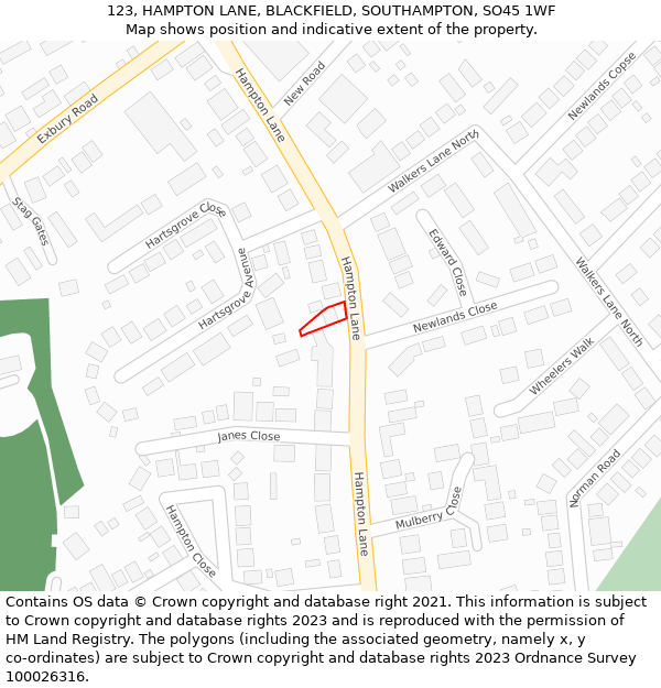 123, HAMPTON LANE, BLACKFIELD, SOUTHAMPTON, SO45 1WF: Location map and indicative extent of plot