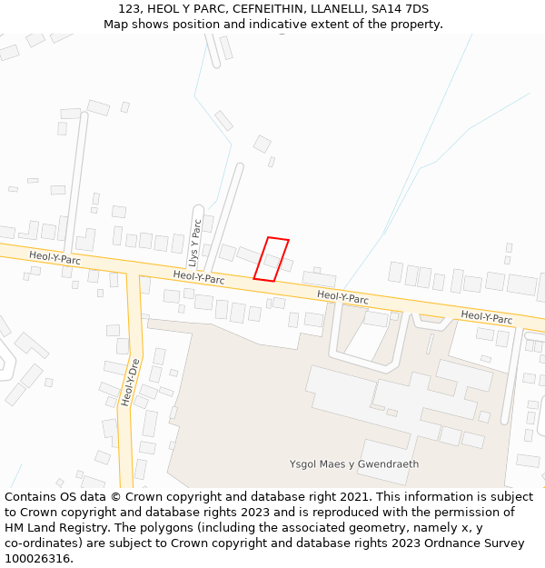 123, HEOL Y PARC, CEFNEITHIN, LLANELLI, SA14 7DS: Location map and indicative extent of plot