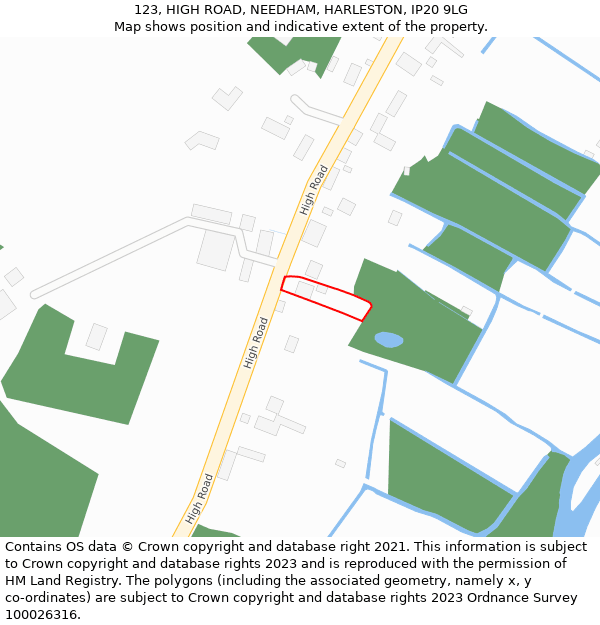 123, HIGH ROAD, NEEDHAM, HARLESTON, IP20 9LG: Location map and indicative extent of plot