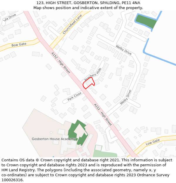 123, HIGH STREET, GOSBERTON, SPALDING, PE11 4NA: Location map and indicative extent of plot