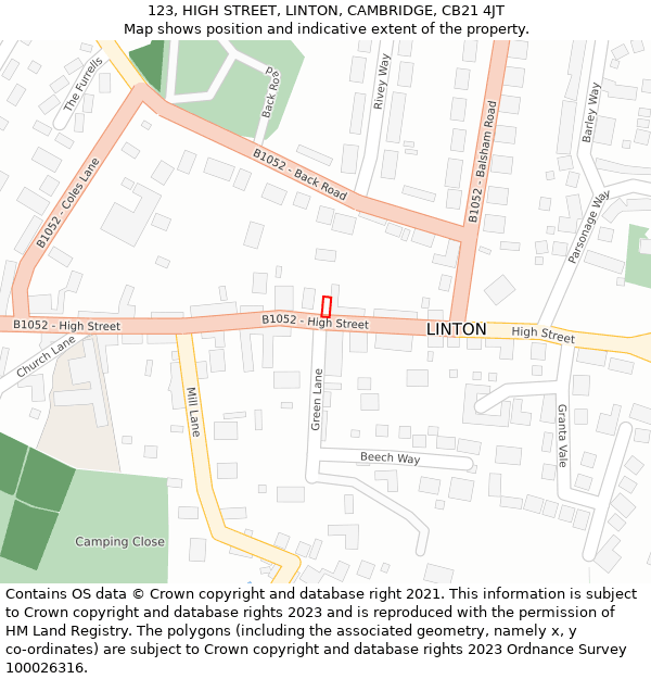 123, HIGH STREET, LINTON, CAMBRIDGE, CB21 4JT: Location map and indicative extent of plot