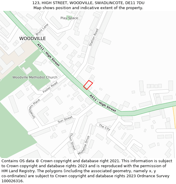 123, HIGH STREET, WOODVILLE, SWADLINCOTE, DE11 7DU: Location map and indicative extent of plot
