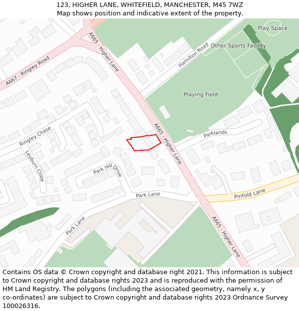 123, HIGHER LANE, WHITEFIELD, MANCHESTER, M45 7WZ: Location map and indicative extent of plot
