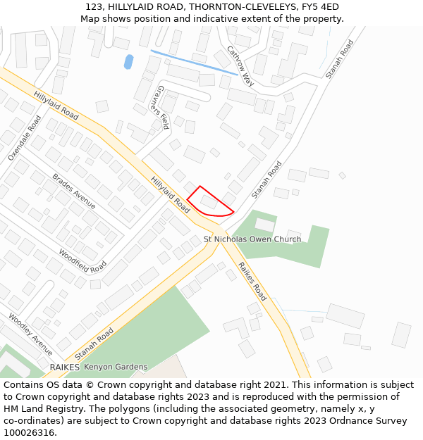 123, HILLYLAID ROAD, THORNTON-CLEVELEYS, FY5 4ED: Location map and indicative extent of plot