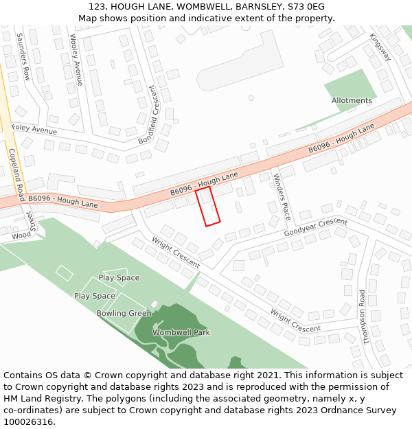 123, HOUGH LANE, WOMBWELL, BARNSLEY, S73 0EG: Location map and indicative extent of plot