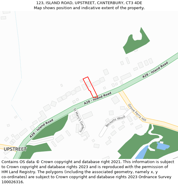 123, ISLAND ROAD, UPSTREET, CANTERBURY, CT3 4DE: Location map and indicative extent of plot