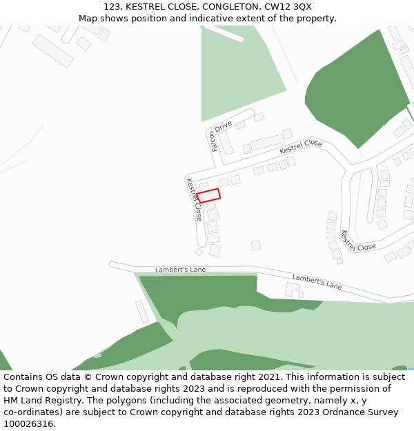 123, KESTREL CLOSE, CONGLETON, CW12 3QX: Location map and indicative extent of plot