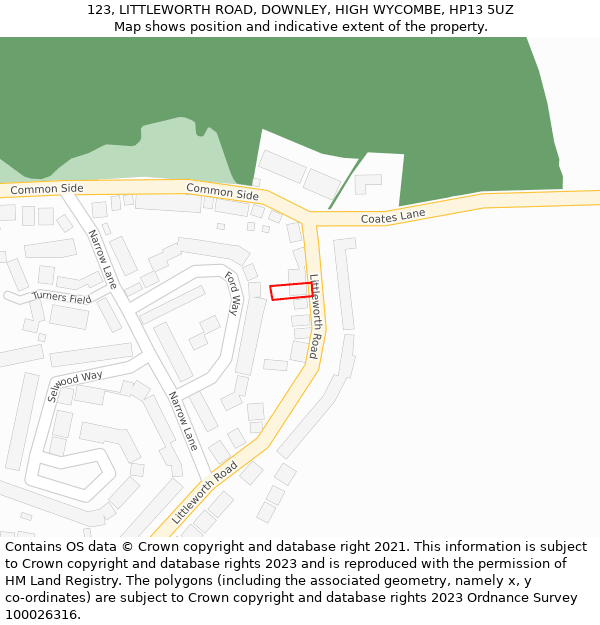 123, LITTLEWORTH ROAD, DOWNLEY, HIGH WYCOMBE, HP13 5UZ: Location map and indicative extent of plot