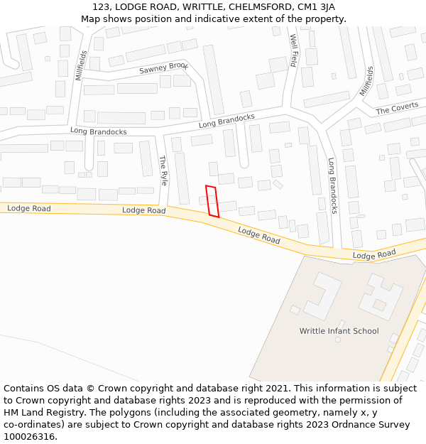 123, LODGE ROAD, WRITTLE, CHELMSFORD, CM1 3JA: Location map and indicative extent of plot