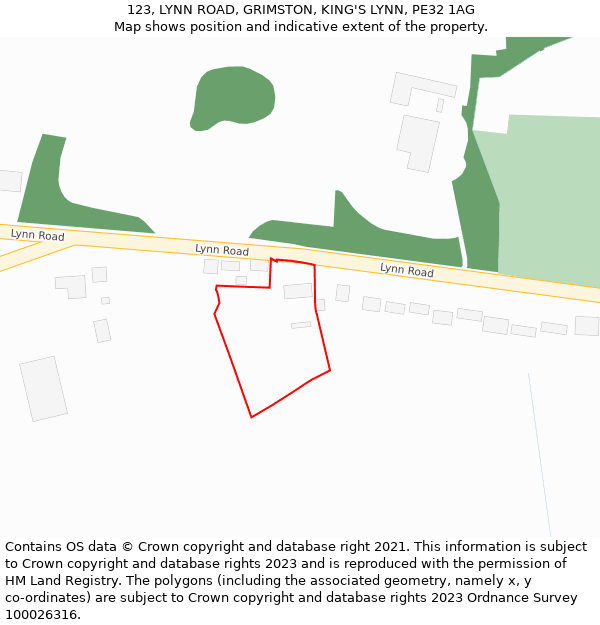 123, LYNN ROAD, GRIMSTON, KING'S LYNN, PE32 1AG: Location map and indicative extent of plot