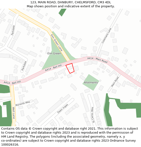 123, MAIN ROAD, DANBURY, CHELMSFORD, CM3 4DL: Location map and indicative extent of plot