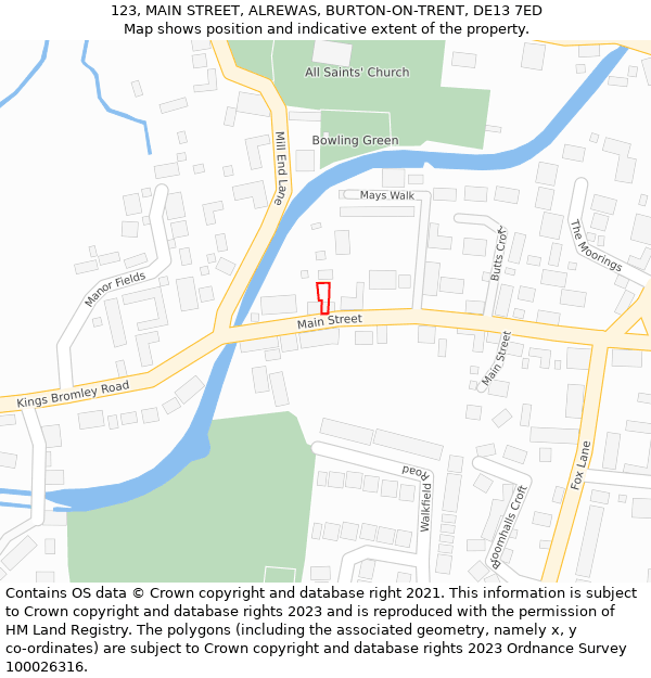 123, MAIN STREET, ALREWAS, BURTON-ON-TRENT, DE13 7ED: Location map and indicative extent of plot