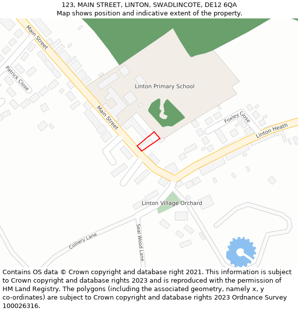 123, MAIN STREET, LINTON, SWADLINCOTE, DE12 6QA: Location map and indicative extent of plot