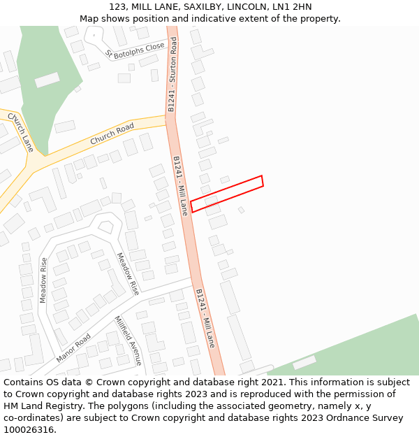 123, MILL LANE, SAXILBY, LINCOLN, LN1 2HN: Location map and indicative extent of plot