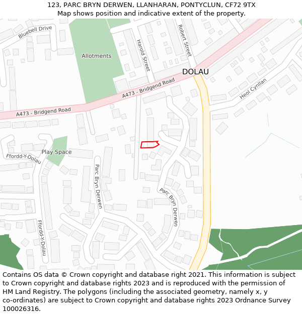 123, PARC BRYN DERWEN, LLANHARAN, PONTYCLUN, CF72 9TX: Location map and indicative extent of plot