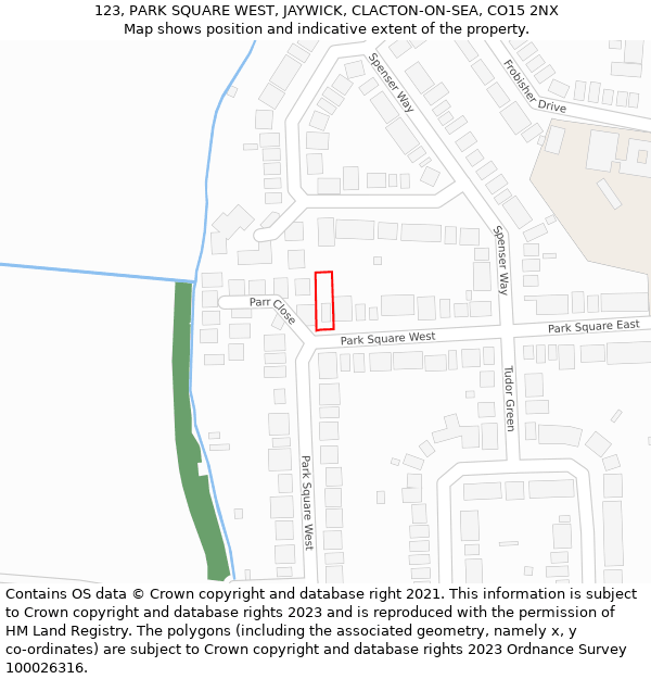 123, PARK SQUARE WEST, JAYWICK, CLACTON-ON-SEA, CO15 2NX: Location map and indicative extent of plot