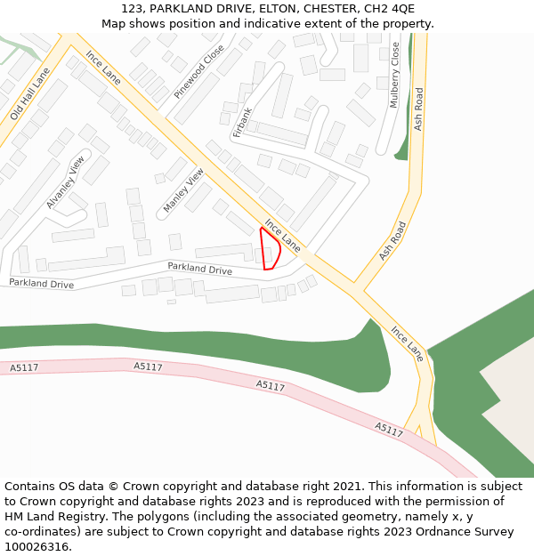 123, PARKLAND DRIVE, ELTON, CHESTER, CH2 4QE: Location map and indicative extent of plot