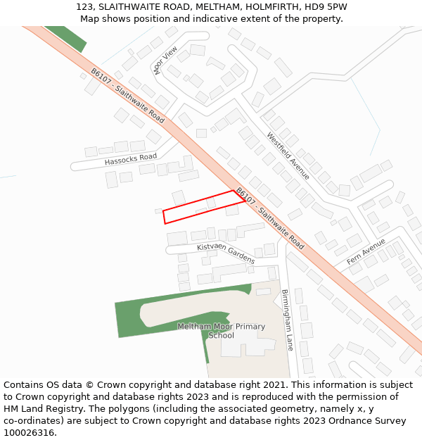 123, SLAITHWAITE ROAD, MELTHAM, HOLMFIRTH, HD9 5PW: Location map and indicative extent of plot