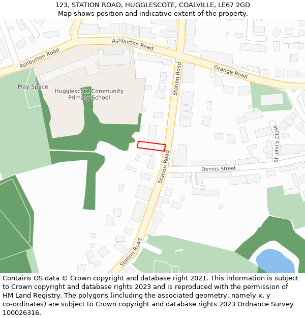 123, STATION ROAD, HUGGLESCOTE, COALVILLE, LE67 2GD: Location map and indicative extent of plot