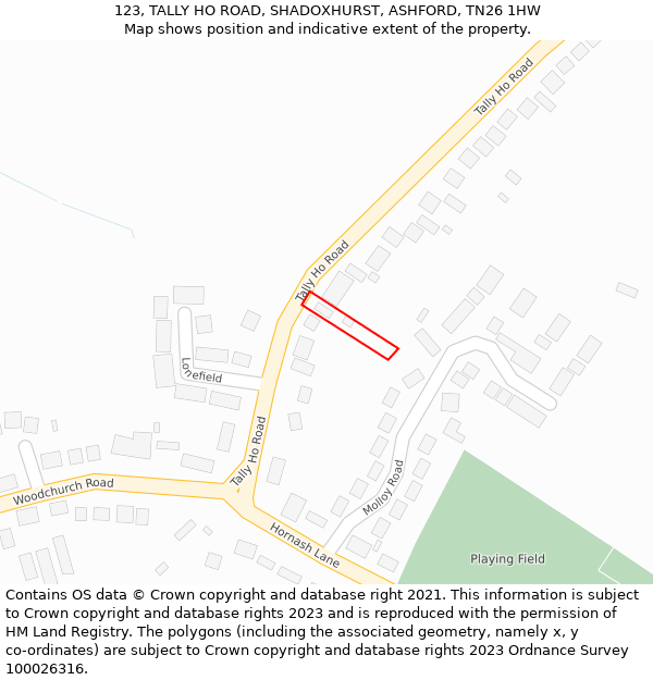 123, TALLY HO ROAD, SHADOXHURST, ASHFORD, TN26 1HW: Location map and indicative extent of plot