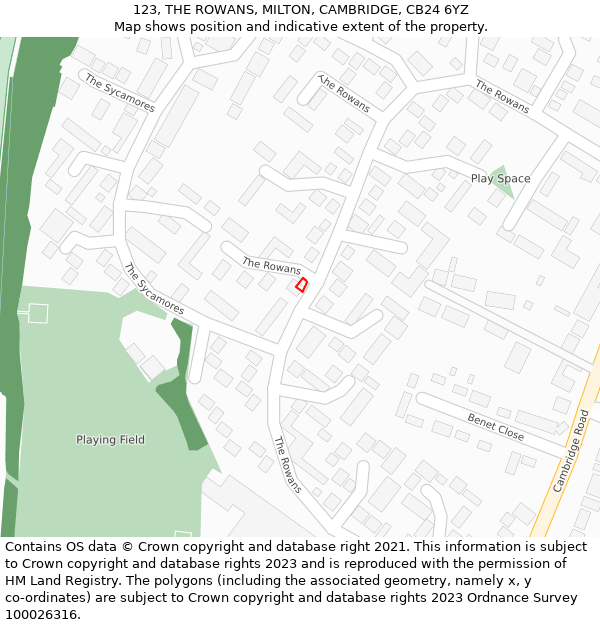 123, THE ROWANS, MILTON, CAMBRIDGE, CB24 6YZ: Location map and indicative extent of plot