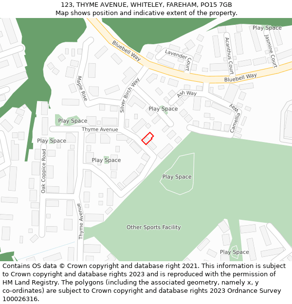 123, THYME AVENUE, WHITELEY, FAREHAM, PO15 7GB: Location map and indicative extent of plot