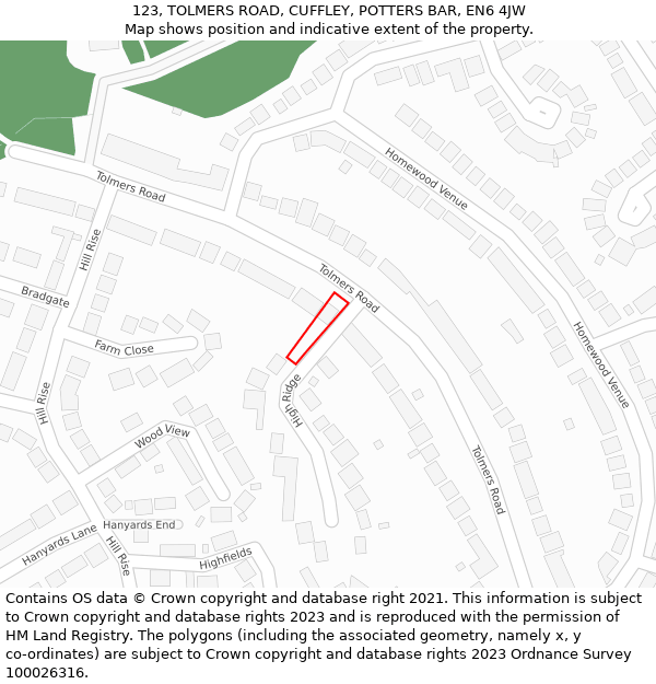 123, TOLMERS ROAD, CUFFLEY, POTTERS BAR, EN6 4JW: Location map and indicative extent of plot