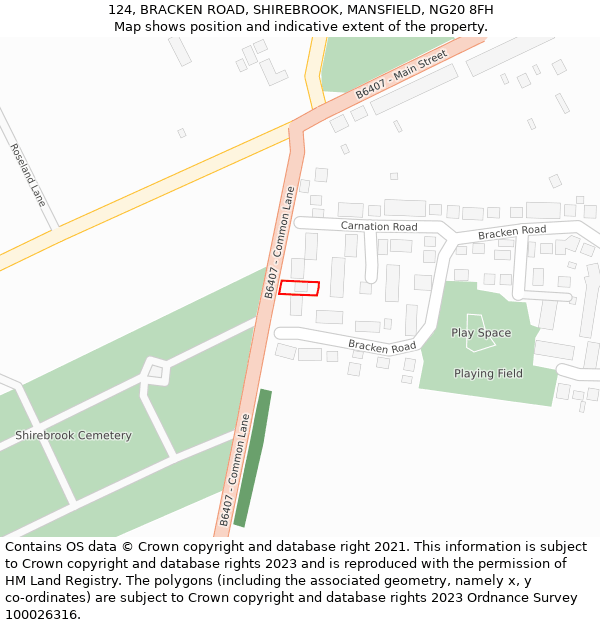 124, BRACKEN ROAD, SHIREBROOK, MANSFIELD, NG20 8FH: Location map and indicative extent of plot