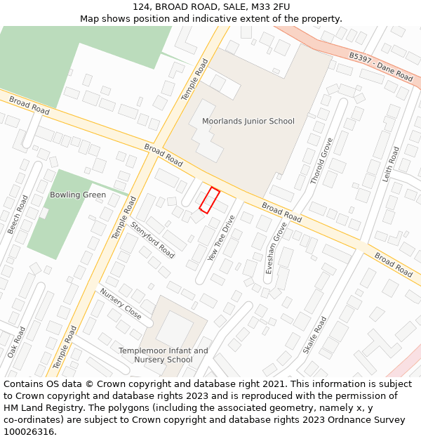 124, BROAD ROAD, SALE, M33 2FU: Location map and indicative extent of plot