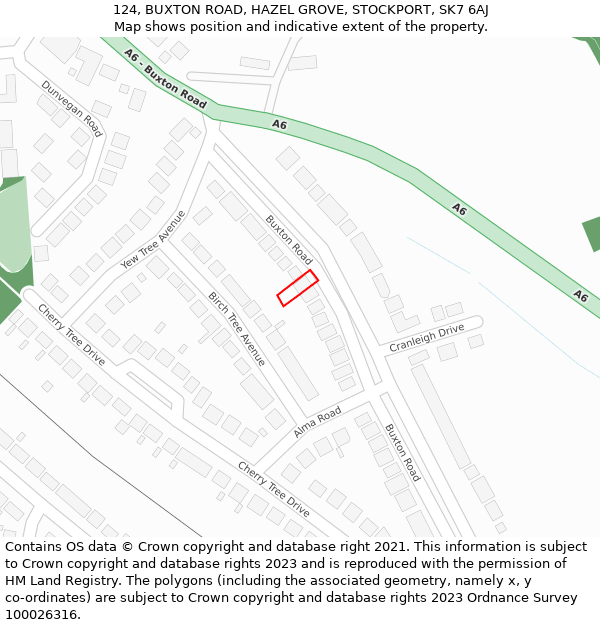 124, BUXTON ROAD, HAZEL GROVE, STOCKPORT, SK7 6AJ: Location map and indicative extent of plot