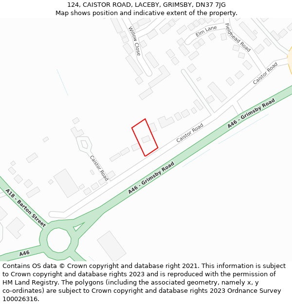 124, CAISTOR ROAD, LACEBY, GRIMSBY, DN37 7JG: Location map and indicative extent of plot