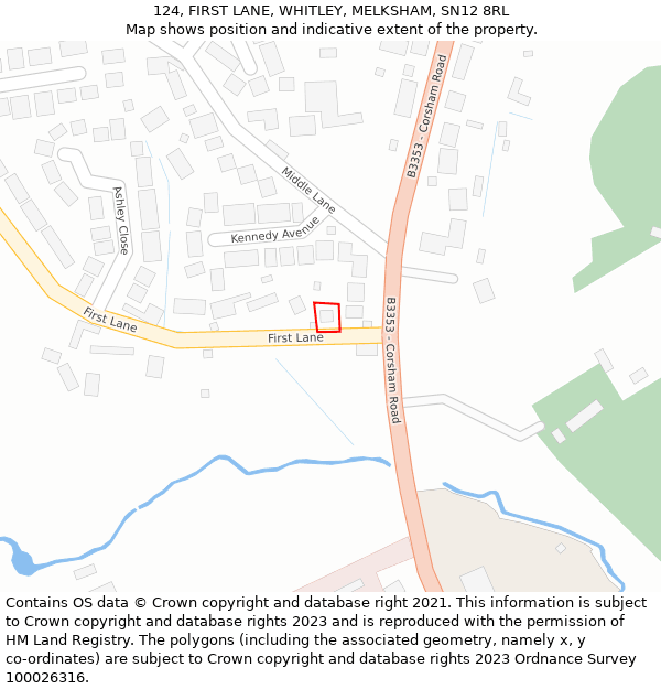 124, FIRST LANE, WHITLEY, MELKSHAM, SN12 8RL: Location map and indicative extent of plot