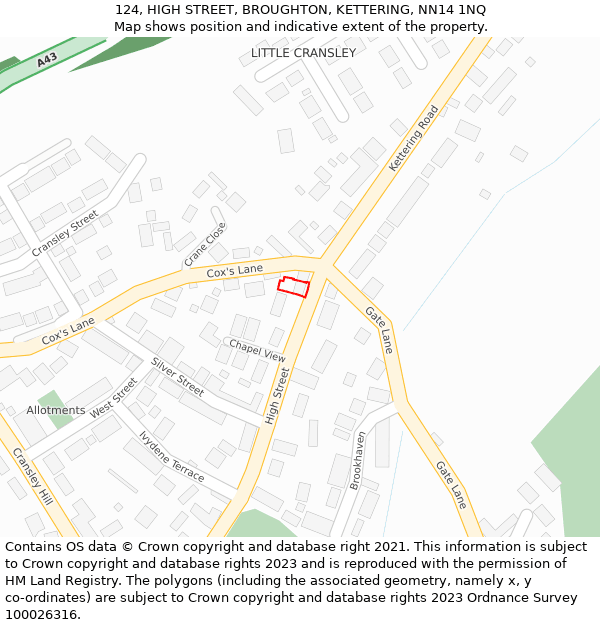 124, HIGH STREET, BROUGHTON, KETTERING, NN14 1NQ: Location map and indicative extent of plot
