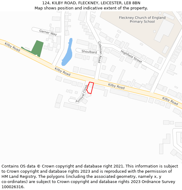 124, KILBY ROAD, FLECKNEY, LEICESTER, LE8 8BN: Location map and indicative extent of plot