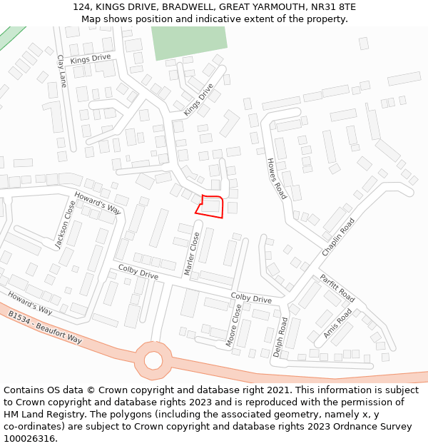 124, KINGS DRIVE, BRADWELL, GREAT YARMOUTH, NR31 8TE: Location map and indicative extent of plot