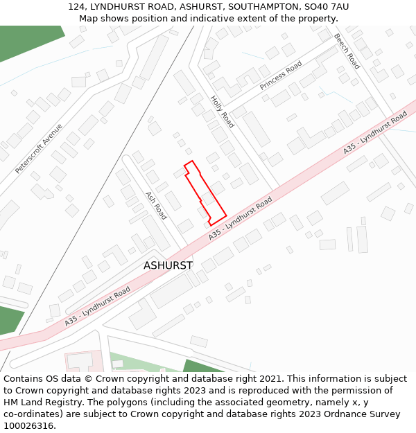 124, LYNDHURST ROAD, ASHURST, SOUTHAMPTON, SO40 7AU: Location map and indicative extent of plot