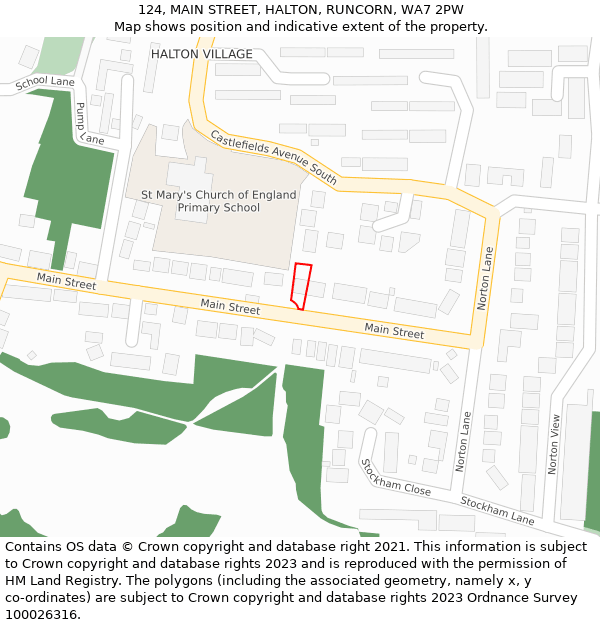124, MAIN STREET, HALTON, RUNCORN, WA7 2PW: Location map and indicative extent of plot