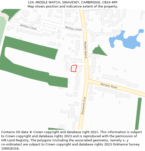 124, MIDDLE WATCH, SWAVESEY, CAMBRIDGE, CB24 4RP: Location map and indicative extent of plot