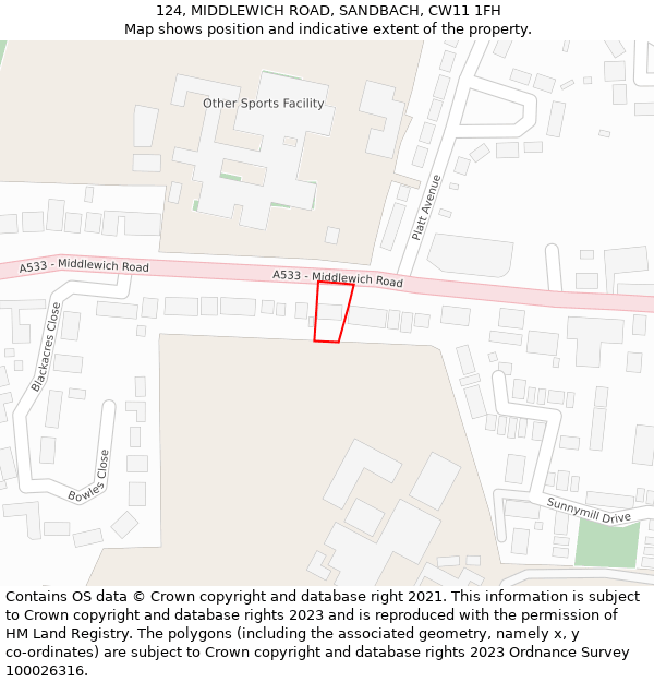 124, MIDDLEWICH ROAD, SANDBACH, CW11 1FH: Location map and indicative extent of plot