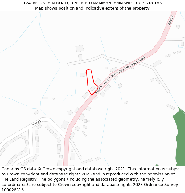 124, MOUNTAIN ROAD, UPPER BRYNAMMAN, AMMANFORD, SA18 1AN: Location map and indicative extent of plot