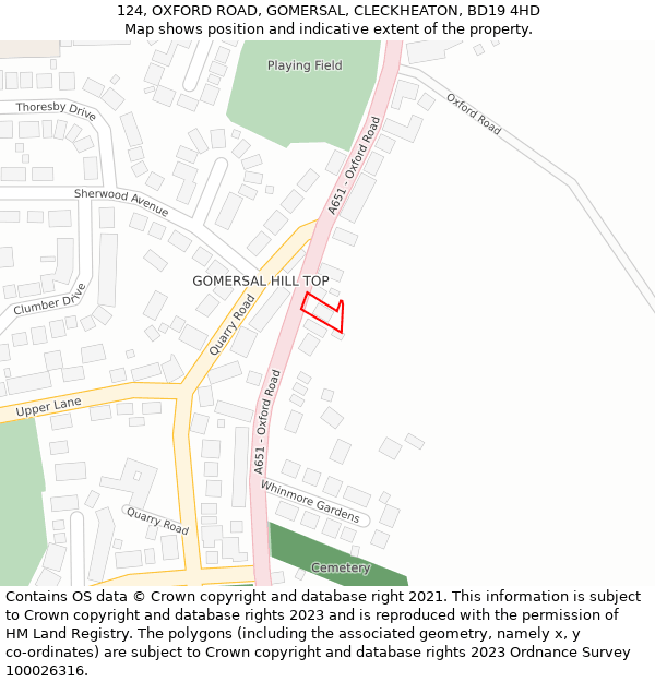 124, OXFORD ROAD, GOMERSAL, CLECKHEATON, BD19 4HD: Location map and indicative extent of plot